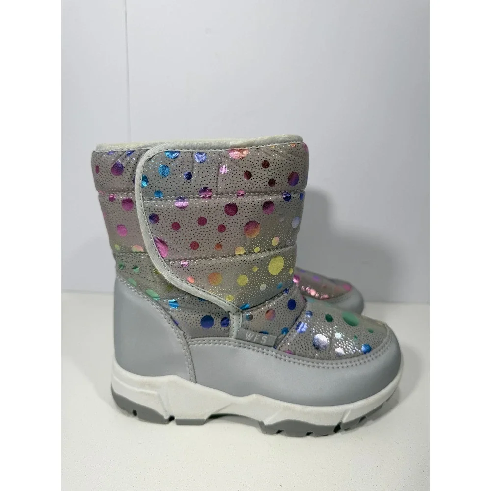 WFS Girls Gray Snow Boots Rainbow Iridescent Polka Dot Faux Fur Lined boot